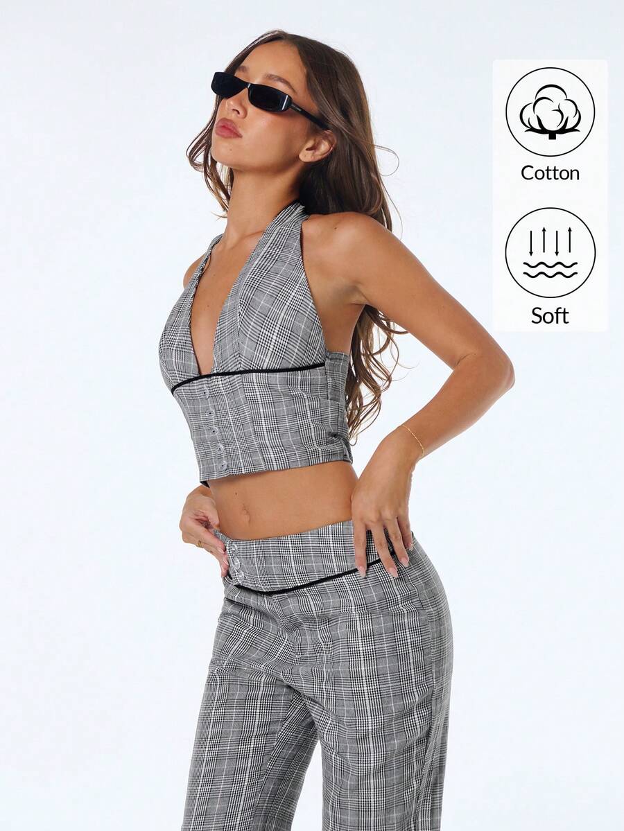 Sweetina Top sin espalda de mujer con cuello halter en V profunda y estampado de cuadros - Gris - Ver 1