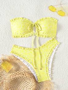 Swim Mod Conjunto de bikini con estampado floral minimalista y sexy con nudo en la espalda, adecuado para vacaciones en la playa - Amarillo - Ver 4