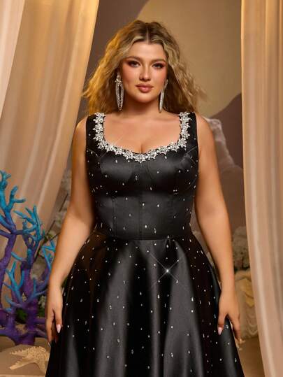 Glamrae Plus Size Elegant Luxurious Romantic Black Sleeveless Strap Floral Rhinestone Embellished Voluminous Maxi Dress, Suitable For Evening Party, Gala, Wedding, Holiday Events