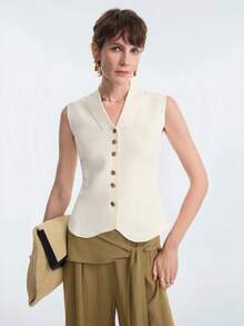 Aalyst 女士夏季针织无袖V领背心开衫，法式时尚休闲纽扣不对称下摆毛衣 - 白色 - 查看 4