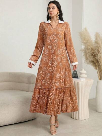 Yasmyna Women's Woven Printed Color Block Long Sleeve Spring/Summer Dress