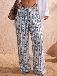 Swim Chiccia 女士沙滩度假条纹贝壳和海星印花罩衫上衣和裤子套装 - 藍色 - 查看 4