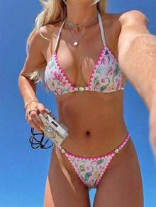 Swim Mod 2pcs/Set Ocean Texture Fabric Wireless Lace-Up Cute Deep V Shell Crochet Thong Bikini Swimsuit, Spring/Summer Beach Holiday - Multicolor - View 1