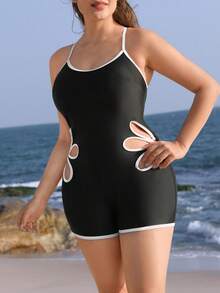 Swim SPRTY 大码女士夏季冲浪连体衣，圆领腰部花卉镂空时尚设计，性感显瘦一体式泳衣，沙滩度假运动冲浪休闲装 - 黑色 - 查看 3