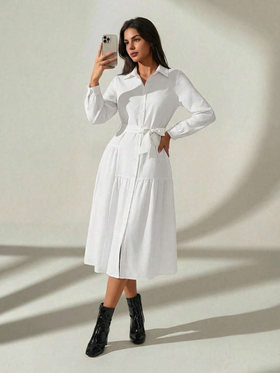 Almamuse Women's Fashion Asymmetric Hem Shirt Collar Long Sleeve White Dress Fall Cloth For Women - White - View 1