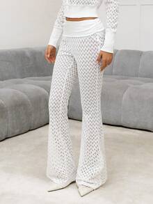 SHEIN Sweetina Casual Faux Fur Waistband Loose Women Pants White - White - View 4