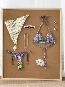 Swim Vcay Vacation Printed Halter Strap Triangle Bikini Top With Tie Side Triangle Bottoms 2 Pieces Set - Multicolor - View 7