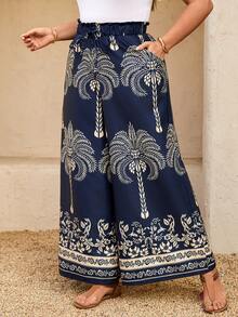 Breezaya Plus Size Women's Wide Leg Summer Beach Coconut Tree Print Pants - Blue and White - View 3