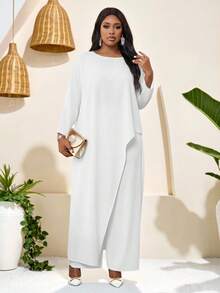SHEIN Lady 大码纯色圆领不对称下摆长袖上衣和阔腿裤两件套 - 白色 - 查看 5