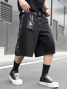 Manfinity EMRG Quần short denim đen nam kiểu dáng đường phố, thêu họa tiết, có khóa kéo. - màu đen - Xem 4