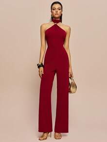 Olia Maree Olia Maree 酒红色露背金属装饰扭结设计无袖修身喇叭裤连体裤，优雅通勤时尚风格露背连体裤，红色女士优雅喇叭连体裤，红色女士优雅连体裤，露背连体裤，红色女士露背连体裤，红色女士露背连体裤，红色女士红色连体裤，优雅酒红色连体裤，女士派对优雅连体裤，红色优雅连体裤，婚礼宾客服装，女士连体裤，女士度假服装，女士连衣裙，女士正装，女士度假套装 - 酒紅色 - 查看 1