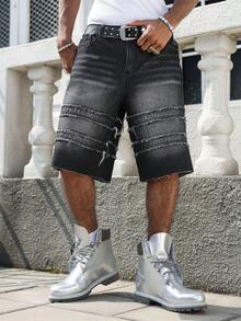 Manfinity EMRG Men's Casual Street Style Distressed Black Denim Shorts - Black - View 8