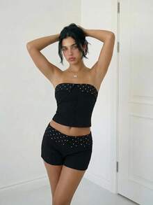 Sweetina 2pcs/Set Women Foldover Collar Crop Top & Polka Dot Waist Shorts - Black - View 4