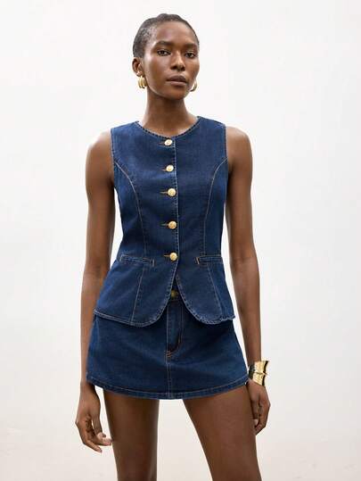 Maija Women's Casual Denim Vest And Skirt Shorts Set, Summer