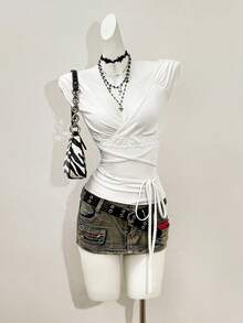 Jeanoix Women's Solid Color V-Neck Twist Front Design Casual Versatile Date Outing Cap Sleeve T-Shirt - White - View 2