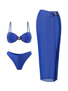 Swim Chiccia Spring/Summer 3 Pieces Set: Solid Color Underwire Adjustable Strap Top, High-Cut Bikini Bottoms, And Mesh Skirt, Women Elegant Swimwear Set For Beach Vacation Blue Beach Outfit Royal Blue Bathing Suit - Royal Blue - View 4