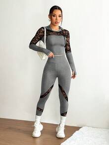 SHEIN Sports 女士抽绳连帽网眼拼接长袖上衣和高腰紧身打底裤休闲运动套装 - 灰色 - 查看 7