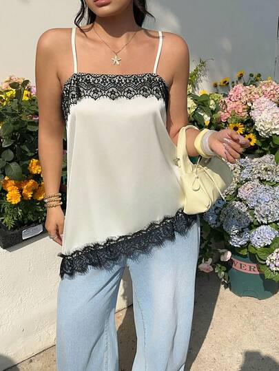 Solflare 2026 Spring/Summer New Casual Outgoing Daily Wear Party Date Birthday Music Festival Back To School Commute Vacation Valentine's Day New Year Multi-Occasion Wear Satin Lace Patchwork Loose Asymmetric Champagne Color Plus Size Camisole