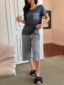 SHEIN Women's Casual Leopard Print Pocket Round Neck Short Sleeve Capri Pants 2 Pieces Pajama Set - Multicolor - View 6