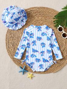 SHEIN 女婴蓝色可爱卡通图案长袖防晒泳衣，配荷叶边泳帽 - 藍色 - 查看 7