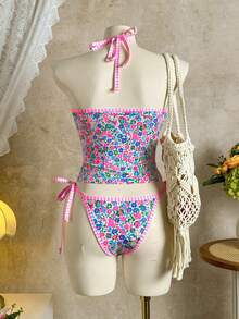 Swim Mod Women's Summer Beach Vacation Ditsy Floral Trim Backless Tie-Front Tankini Swimwear - Multicolor - View 2