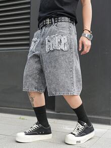 Manfinity EMRG Men's Casual Street Style Embroidered Frayed Hem Dark Grey Denim Shorts - Dark Grey - View 3