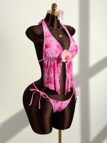 Zestiva 女士夏季海滩度假随机扎染印花3D花卉装饰吊带露背性感吊带背心和比基尼套装 - 粉色 - 查看 4