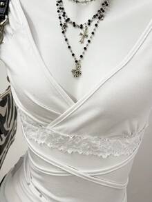 Jeanoix Women's Solid Color V-Neck Twist Front Design Casual Versatile Date Outing Cap Sleeve T-Shirt - White - View 1