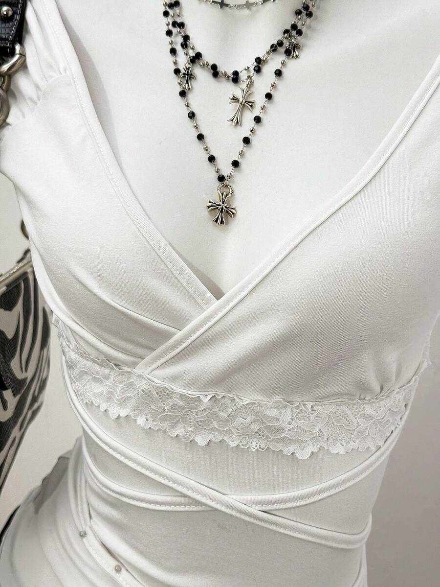 Jeanoix Women's Solid Color V-Neck Twist Front Design Casual Versatile Date Outing Cap Sleeve T-Shirt - White - View 1