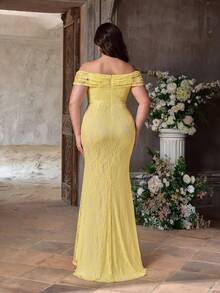 Glamrae Đầm dạ hội dáng đuôi cá màu vàng nhạt thanh lịch, lãng mạn, lệch vai, một tay áo, xếp ly, xẻ cao, chất liệu ren, thích hợp cho tiệc tối, tiệc độc thân, hẹn hò, dạ hội, kỳ nghỉ, đám cưới, phù dâu. - Màu vàng - Xem 5