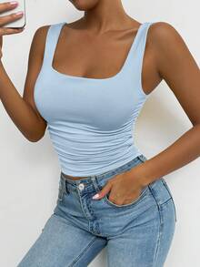 SHEIN PETITE 蓝色方领无袖背心，适合演唱会、夜店、约会、舞会、锐舞派对、生日派对、派对必备、基础款、外出、休闲针织等场合。 - 藍色 - 查看 4