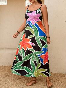 Breezaya Fashionable Casual Summer Vacation Elegant Retro Printed Slip Dress - Green - View 5