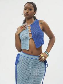 Modviera Dopamine Contrast Color Vacation Style Knit Vest - Blue - View 1