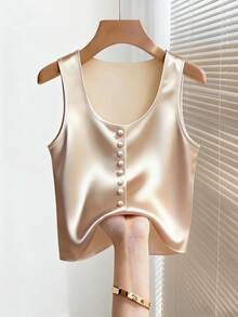 Franclia 女款白色金屬色夏季優雅派對緞面背心，U領前襟珍珠鈕扣絲綢無袖短版上衣，極簡金屬色正式高級感上衣 - 杏色 - 查看 3