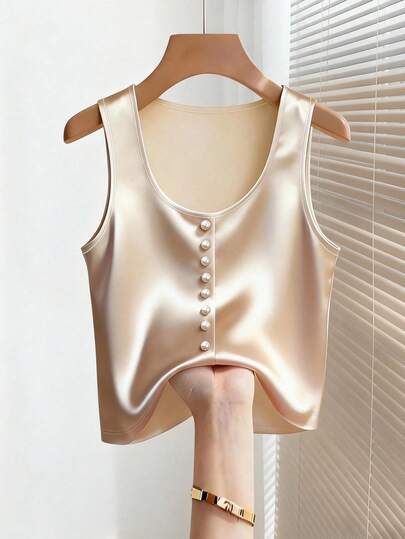 Franclia Áo tank top cổ chữ U màu trơn, kiểu dáng tối giản, thanh lịch, cài nút phía trước, chất liệu satin, áo lụa, áo kiểu sang trọng cho nữ, áo đầm thanh lịch, áo vàng, áo kim loại, áo crop top vàng, áo kim loại, áo satin không tay.