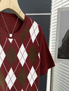 Franclia New Arrival Spring/Summer Retro College Style Colorblock Plaid Knit Pullover Sweater For Women - Burgundy - View 5