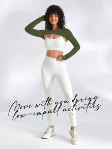 SHEIN Cheerettes 女士纯色圆领休闲百搭日常长袖运动T恤 - 軍綠色 - 查看 6
