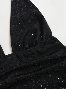 Sweetra Women's Fashionable Bodysuit, Sexy Rhinestone Shiny Deep V Backless Slim Fit Black Bodysuit, Spring/Summer - Black - View 7