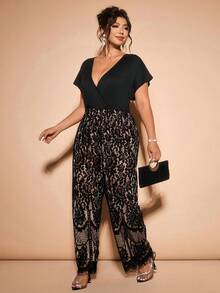 Cravure Bộ jumpsuit cỡ lớn phong cách Pháp thanh lịch thường ngày, phối màu, viền ren, thích hợp cho mùa xuân/thu. - màu đen - Xem 4