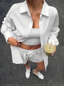 Muchica Damen Sommer Lässig einfarbiges rückenloses Bindeshirt und Shorts 2-teiliges Set - Weiss - Übersicht 3