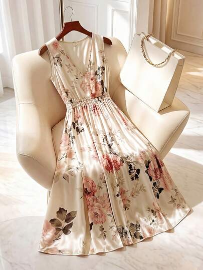 GlowEve CURVE 大码优雅时尚V领印花弹力腰A字无袖连衣裙，适合春夏穿着