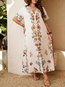 Breezaya Damen Große Größen lässiges, weites Maxi-Kleid mit Platzierungsdruck für den Urlaub, Kurzarm - Aprikosenfarben - Übersicht 6