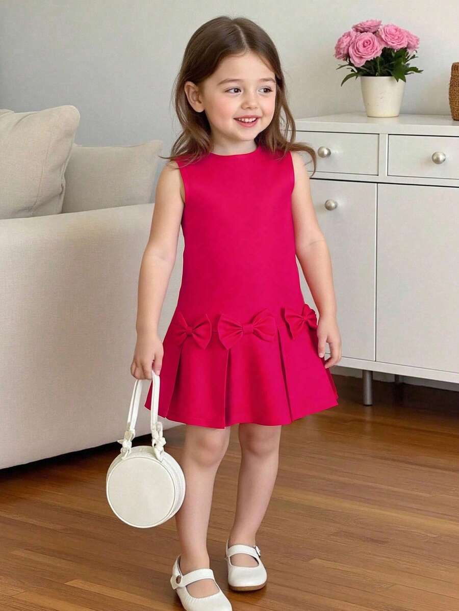 Elladie kids 女童无袖褶皱蝴蝶结纯色连衣裙，简约优雅夏季儿童情人节公主裙，女童无袖A字休闲连衣裙，红色连衣裙，女童无袖派对连衣裙，红色连衣裙，无袖蝴蝶结连衣裙，女童红色连衣裙，女童红色连衣裙 - 玫紅色 - 查看 1