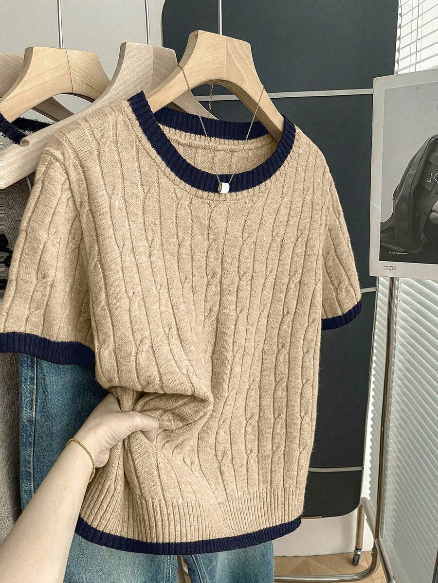 Franclia New Casual Loose Korean Style Round Neck Textured Contrast Color Pullover Sweater For Women, Spring/Autumn - Apricot - View 1