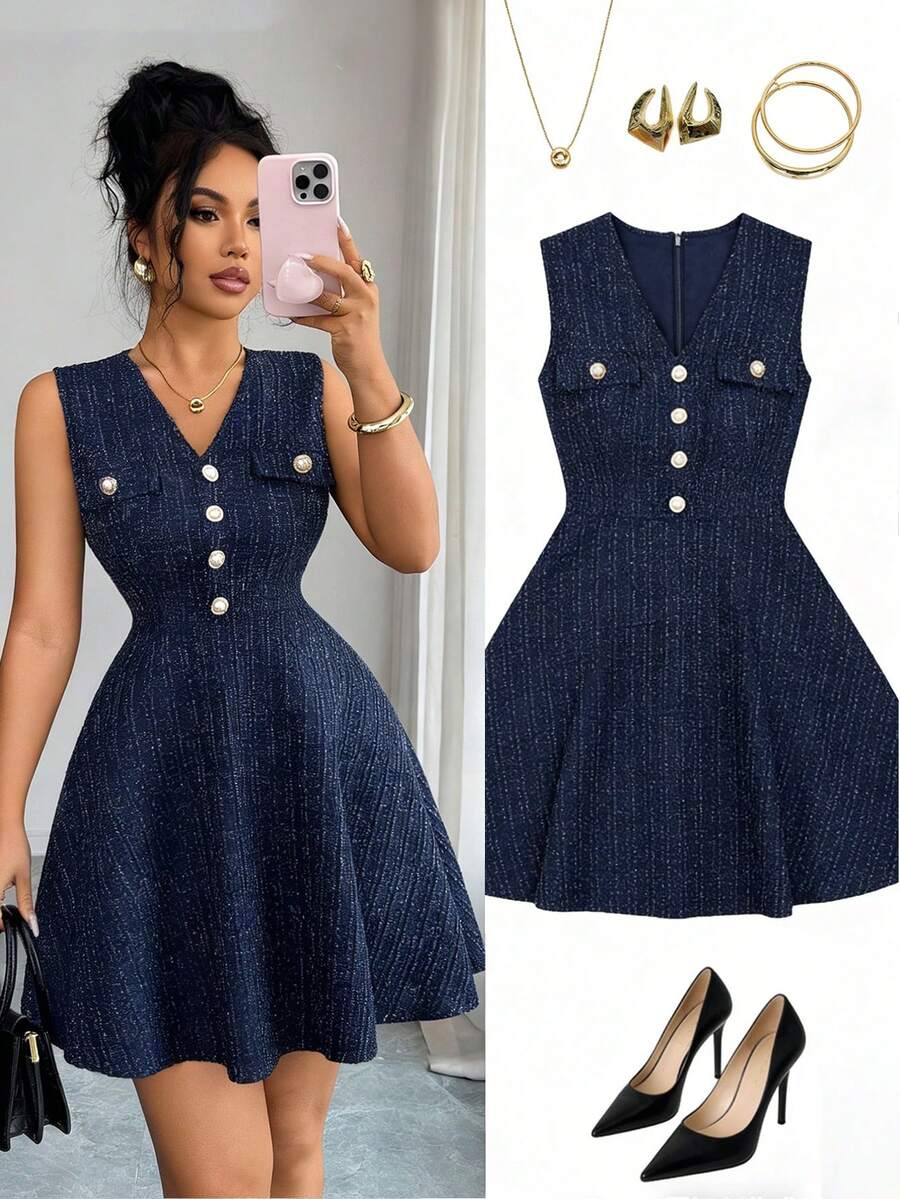 Elenzga 新款女士V领无袖针织迷你连衣裙，采用仿口袋翻盖设计，优雅百搭 - 藏蓝色 - 查看 1