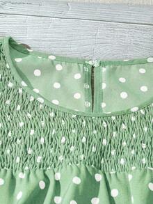 SHEIN LUNE CURVE 大码女式波点褶皱双层袖休闲衬衫 - 青檸色 - 查看 4