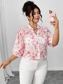 Elenzga Áo kiểu nữ cỡ lớn tay phồng cổ bẻ in họa tiết 3D, thanh lịch và lãng mạn, thích hợp cho hẹn hò, đi chơi, dự tiệc, trà chiều, du lịch thường ngày, màu hồng. - Nhiều màu - Xem 4