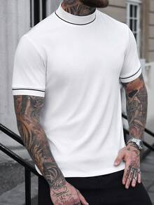 Manfinity Homme 男士休闲撞色领短袖T恤，夏季 - 白色 - 查看 3