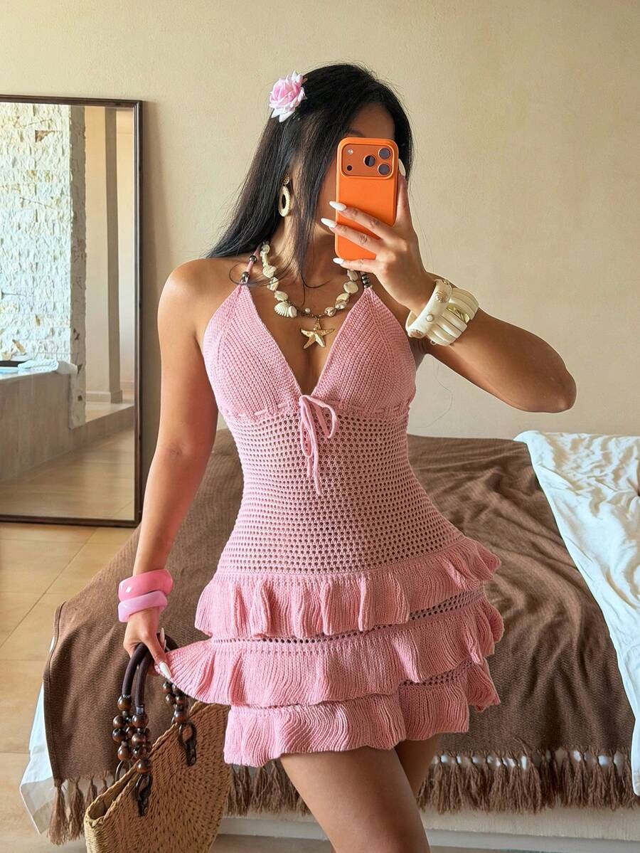 Chiquease 新款性感波西米亚海滩度假风露背系带深V领串珠层叠荷叶边复古浪漫比基尼沙滩派对连衣裙，甜美慵懒风，粉色荷叶边连衣裙，粉色度假连衣裙，粉色沙滩连衣裙，性感度假连衣裙，泳装连衣裙，女士夏季连衣裙，女士钩针连衣裙，粉色夏季连衣裙，荷叶边连衣裙，露背连衣裙，可爱连衣裙，女士夏季服装，女士连衣裙，女士度假服装，新款连衣裙，女士休闲潮流服装 - 粉色 - 查看 1