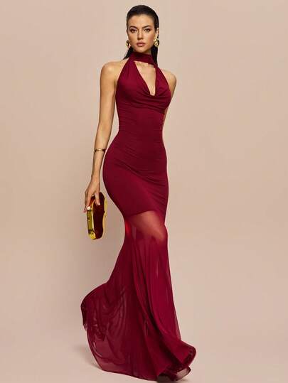 Olia Maree Olia Maree Vestido ajustado de Body con escote en V profundo y fruncido en color vino tinto vintage, falda acampanada de malla transparente de retazos, vestido largo elegante de cintura ajustada y estilizador adecuado para cena formal, cita, fiesta, reunión de lujo, vestido ajustado que crea atmósfera, vestido de cena sexy, vestido de vino, vestido de cena de crucero, vestido de cuello halter, vestido formal burdeos para mujer, vestido formal de color vino tinto, vestido largo de cóctel de color rojo oscuro, vestidos formales de mujer, vestido de fiesta, atuendo de alfombra roja para mujer, vestidos de noche